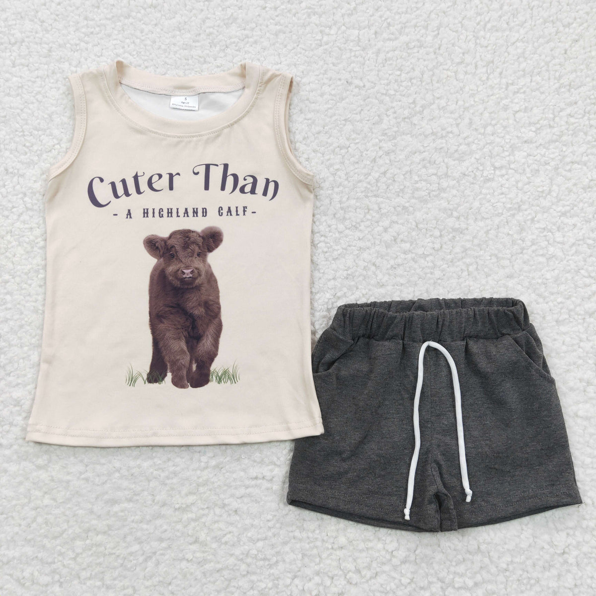 BSSO0224 Cuter Than A Highland Calf Sleeveless Bear Grey Shorts Boys Summer Set