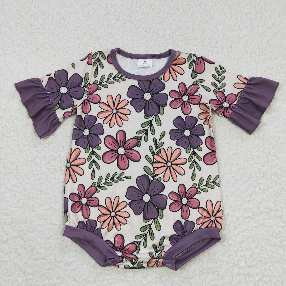 SR0168 Purple Short Sleeve Flower Print Girls Romper
