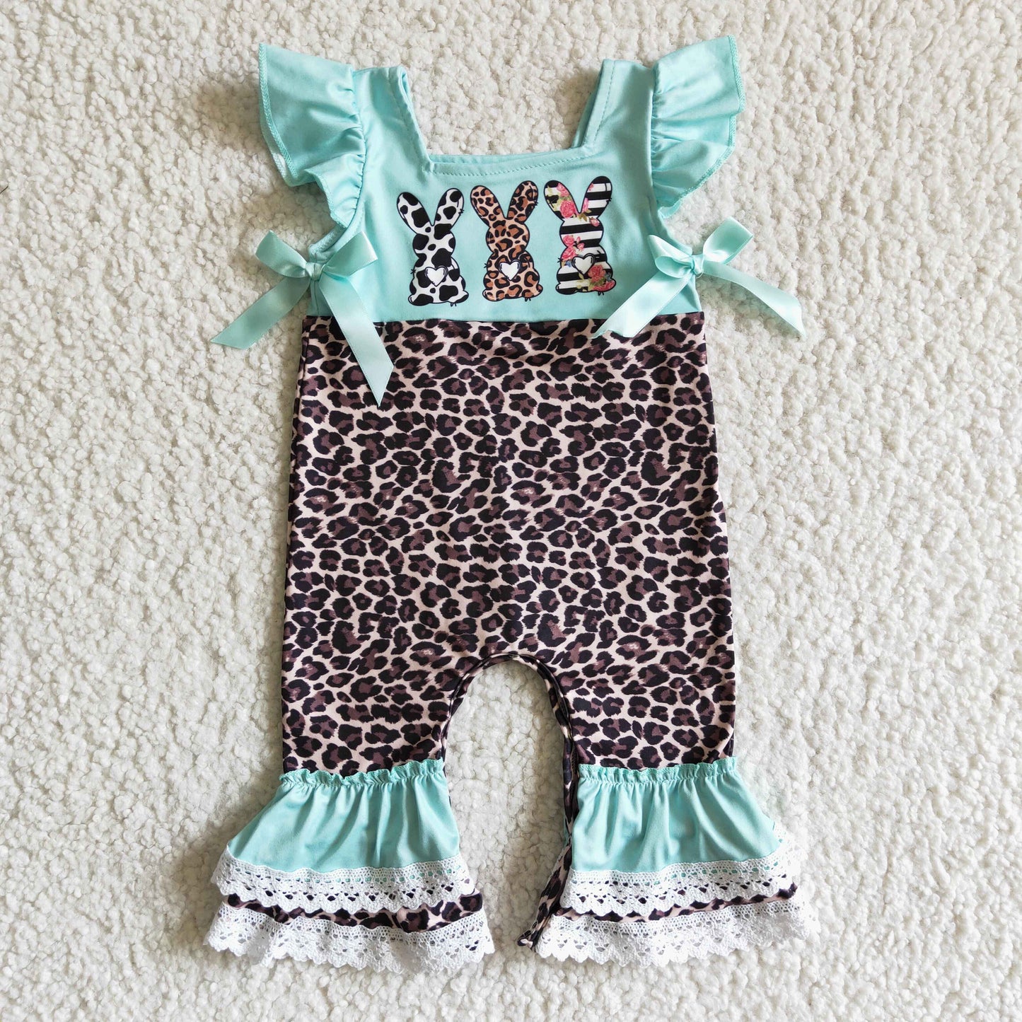 EC0005 Blue Summer Rabbits Easter Leopard Print Romper
