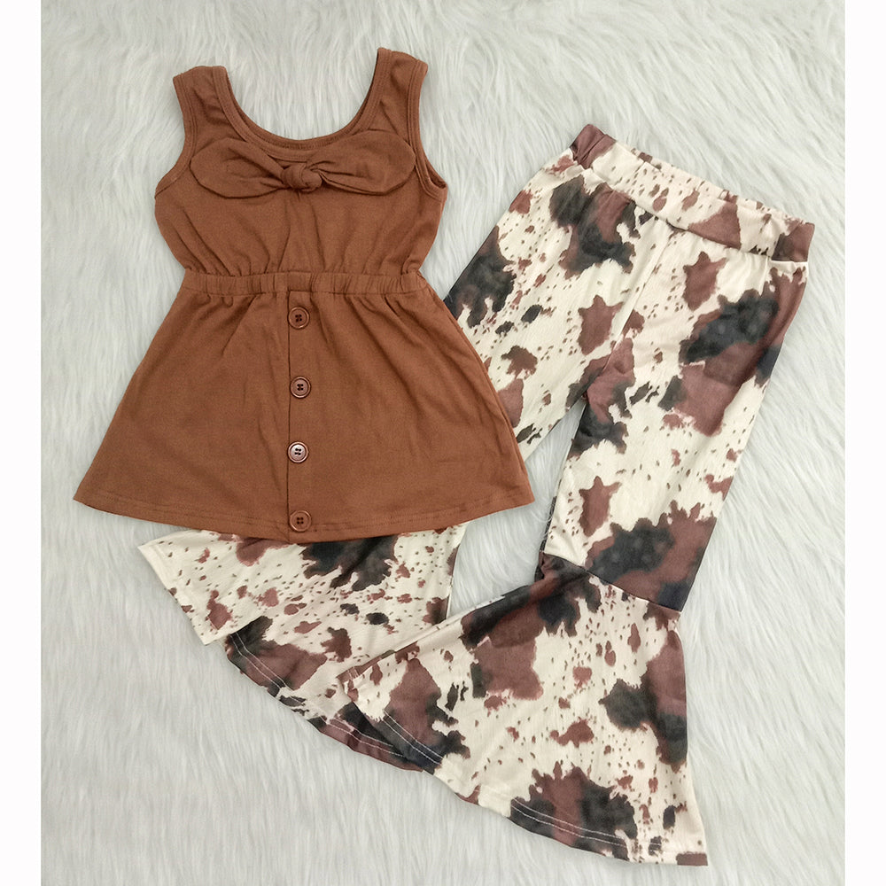 Brown Sleeve Sleeveless Cow Print Bell Pants Girls Set