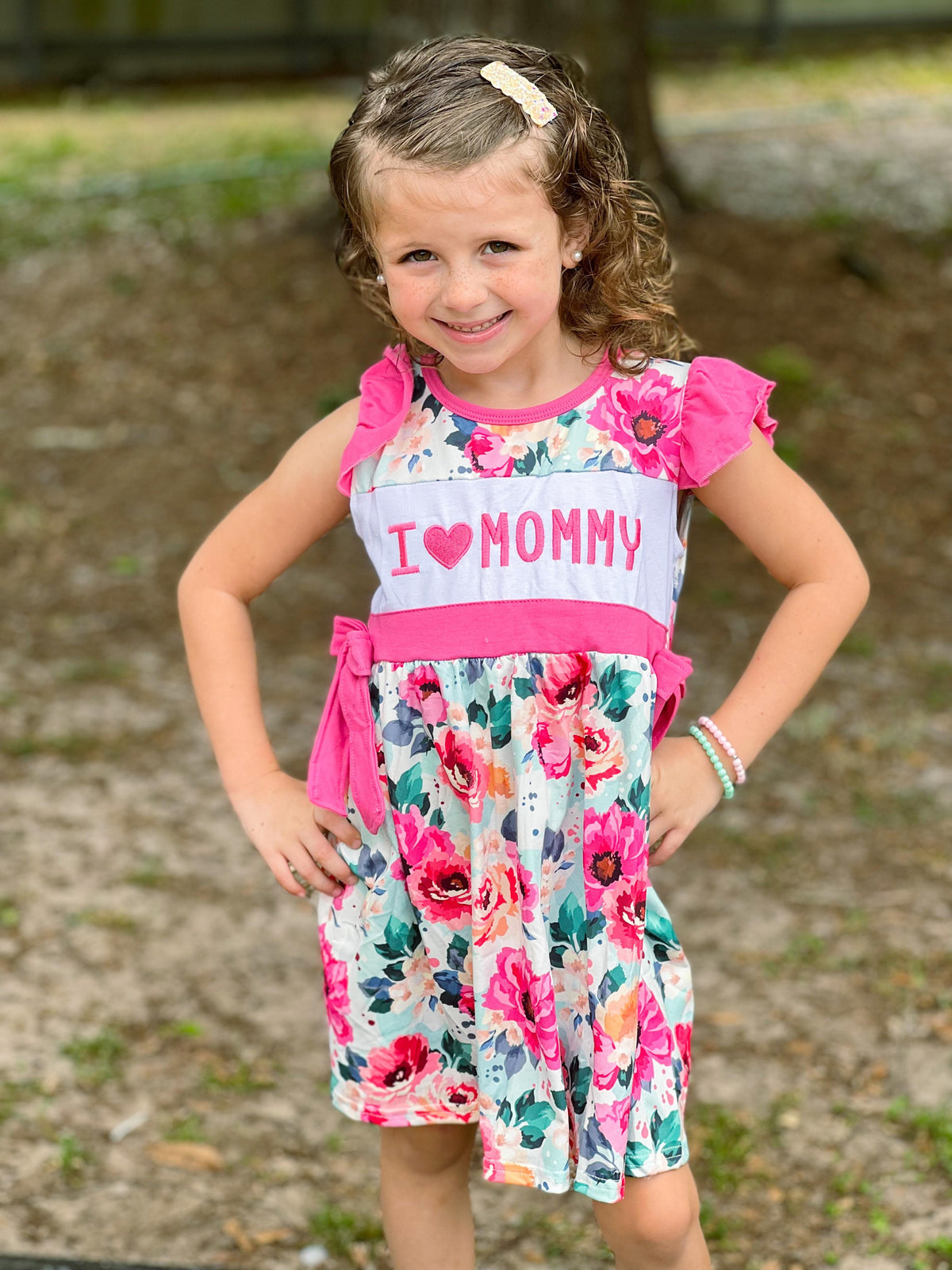 GSD0263 Hot Pink Flutter Sleeve I Love Mommy Flower Baby Girls Dress