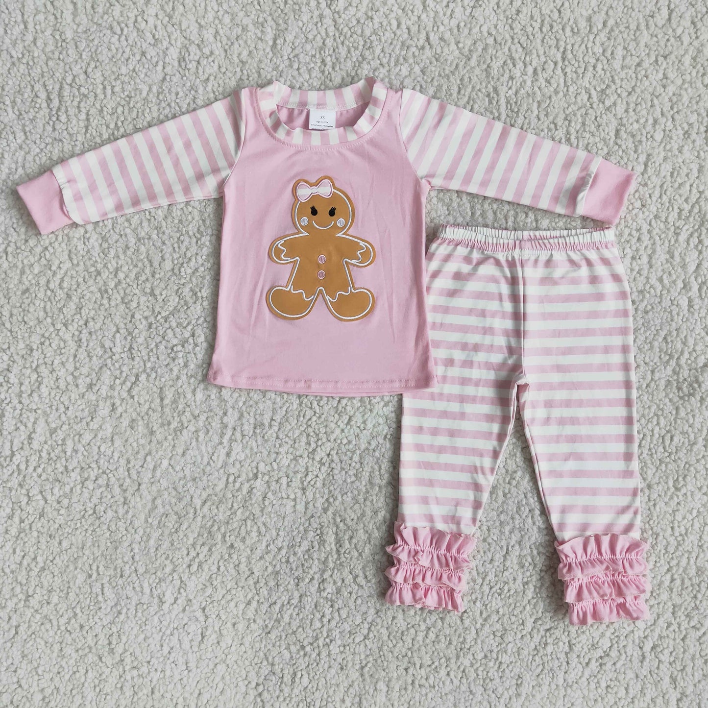 Girls Pink Striped Print Embroidery Christmas Pajamas