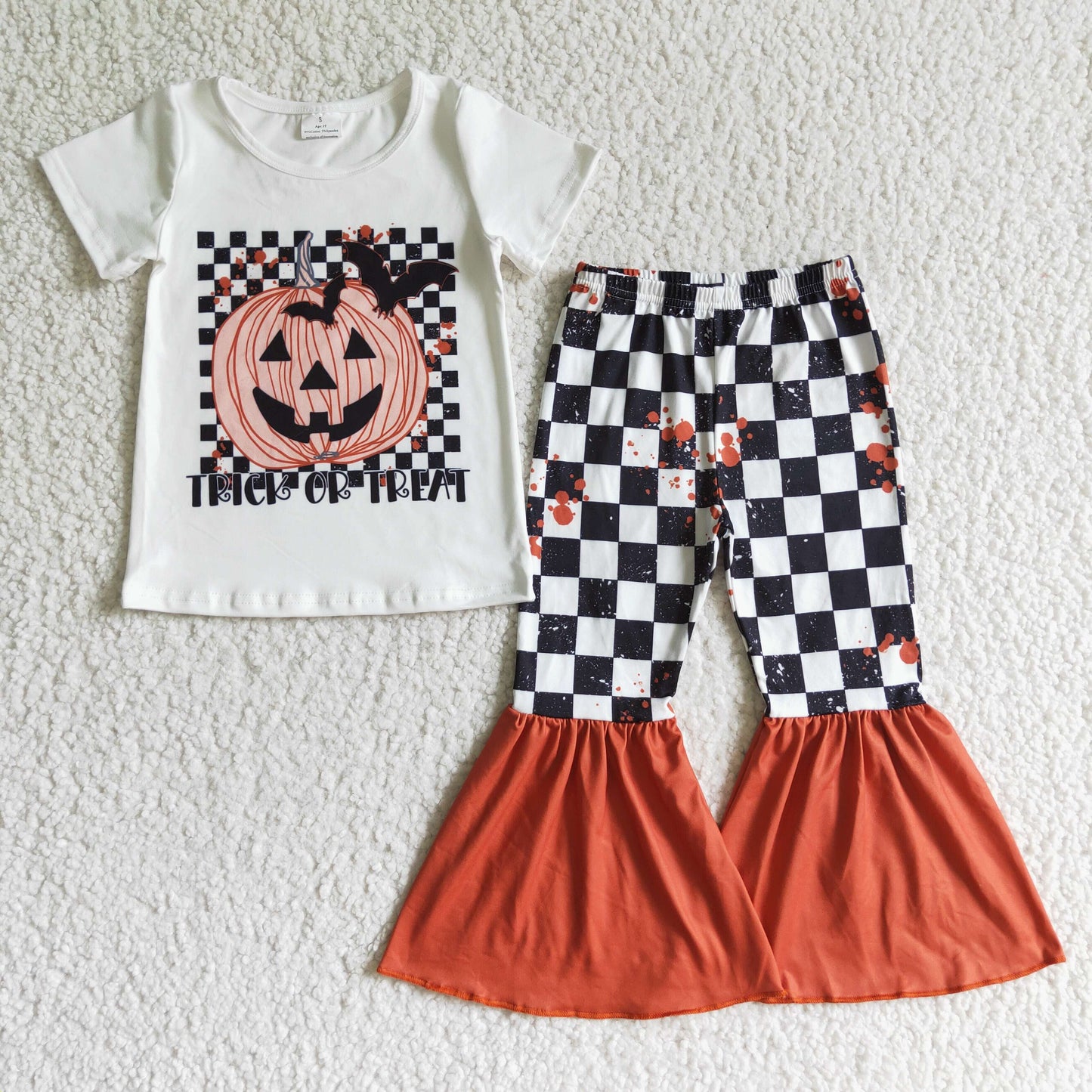 GSPO0168 Pumpkin Halloween Black Plaid Print Pants Set