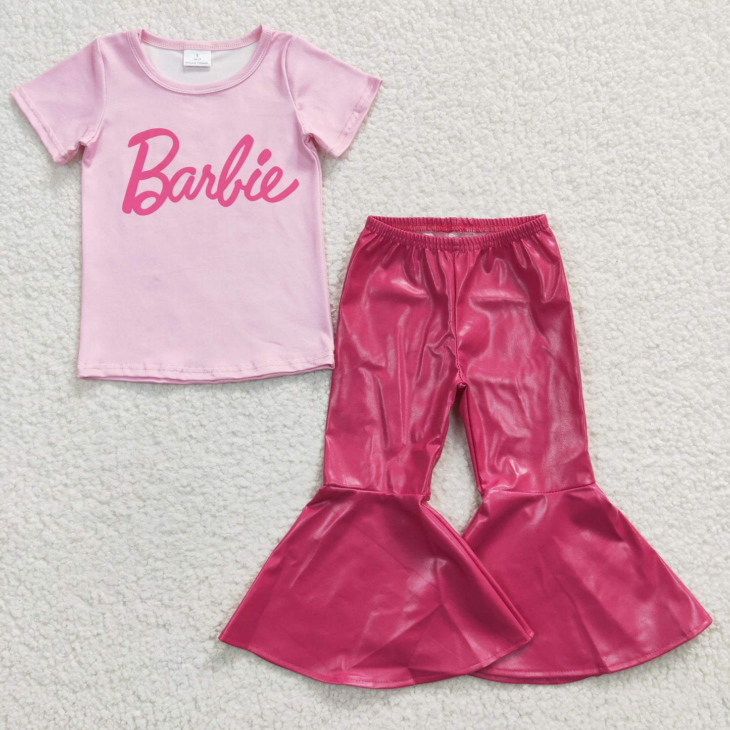 GSPO0554 Pink Short Sleeve Ba t-shirts Hot Pink Leather Pant Girls Set