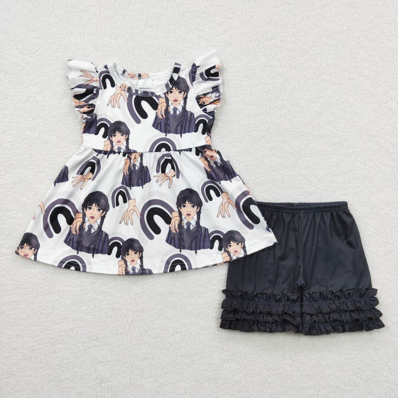 GSSO0259 Cartoon Fashion Black Flutter Sleeve Shorts Girls Set