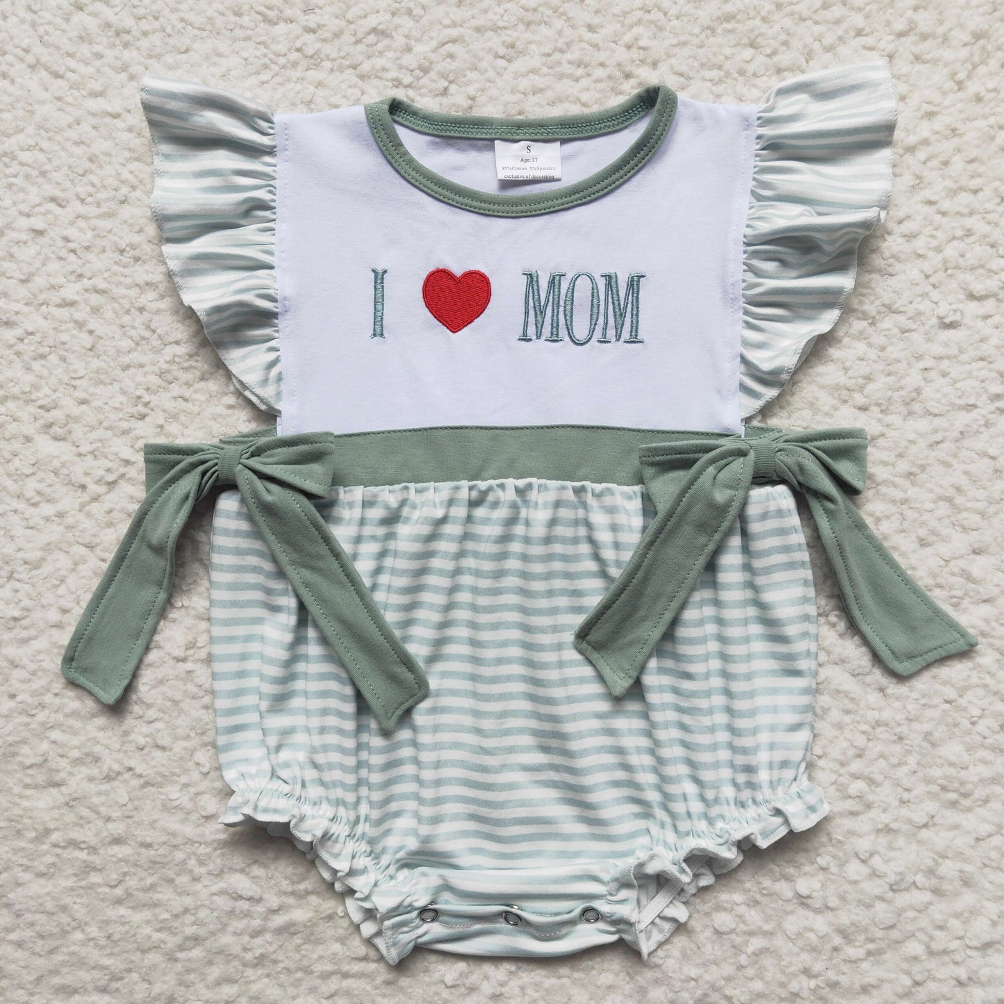 SR0237 I Love Mom Embroidery Green Girls Kids Romper