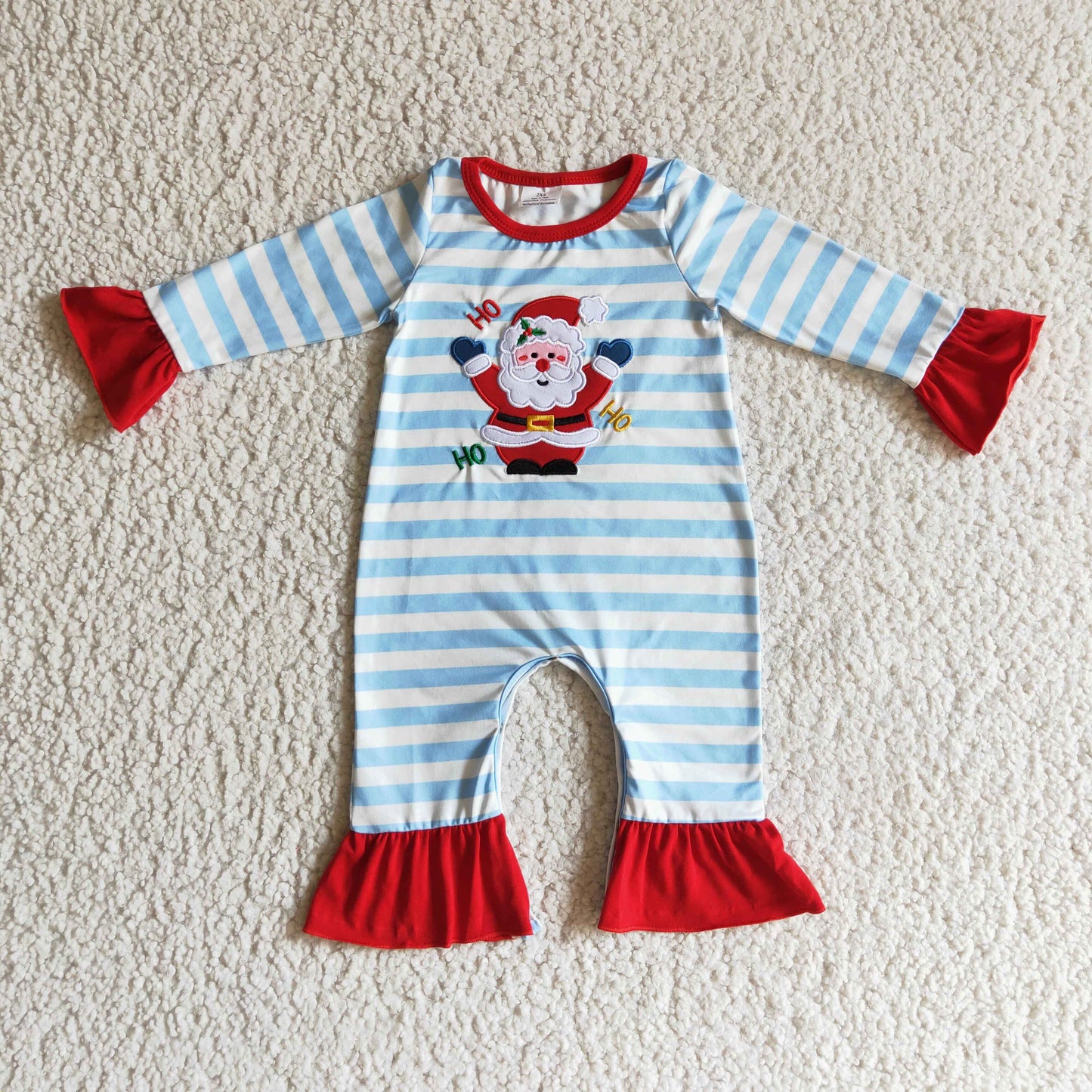 LR0120 Christmas Embroidery Santa Blue Striped Print Romper