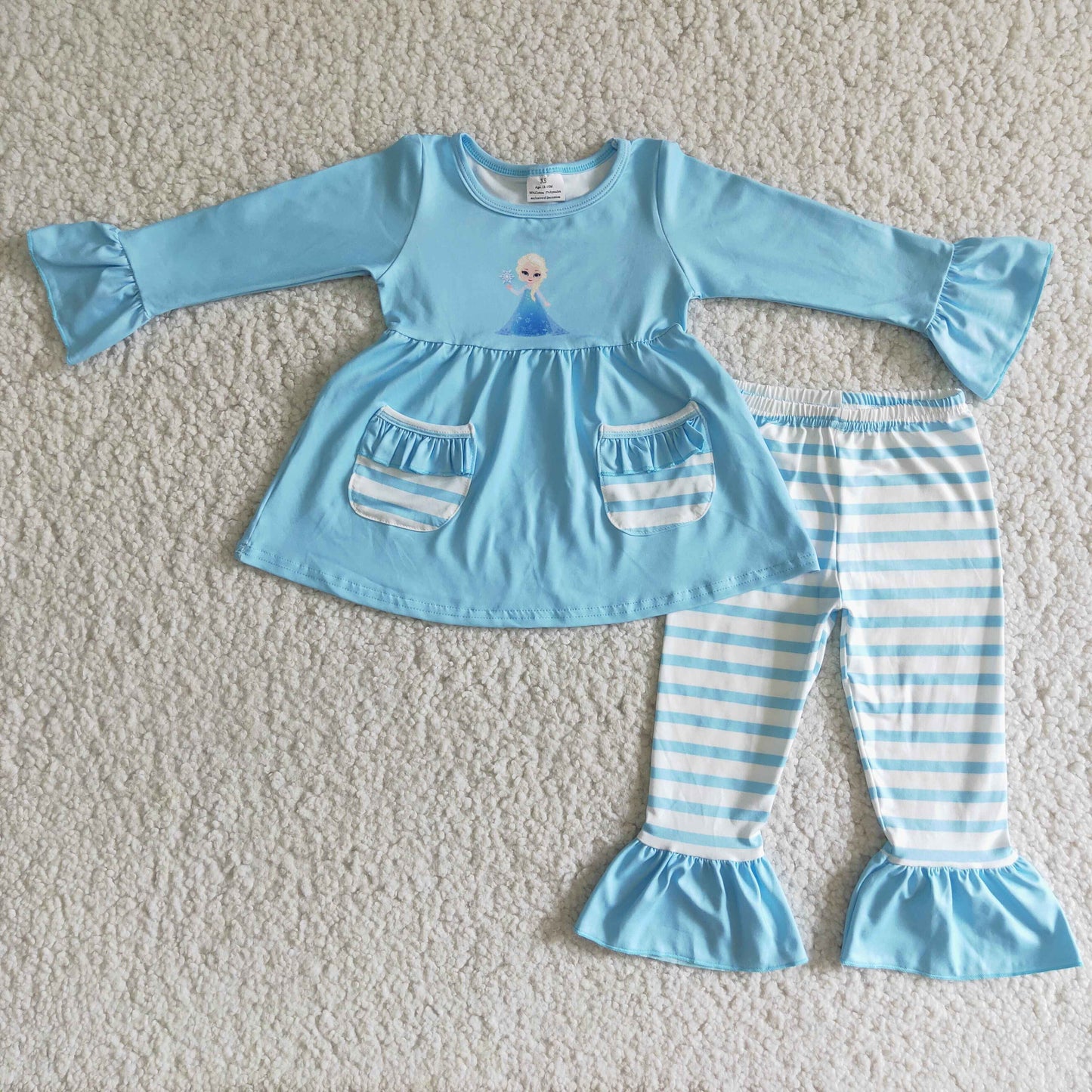 Blue Adorable Princess Pockets Striped Print Girls Set