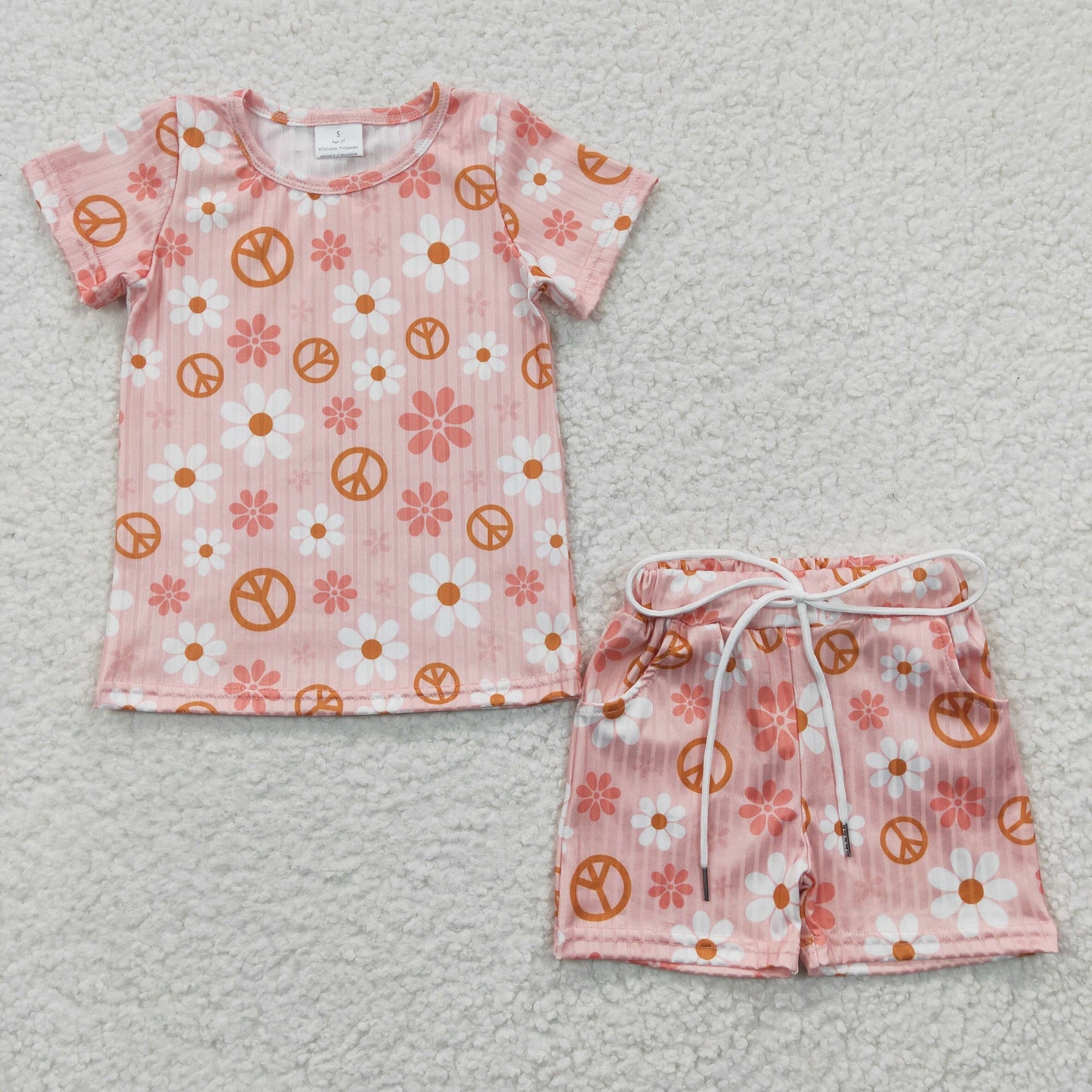 GSSO0228 Ribbed Pink Shorts Sleeve Flower Print Baby Girls Summer Set