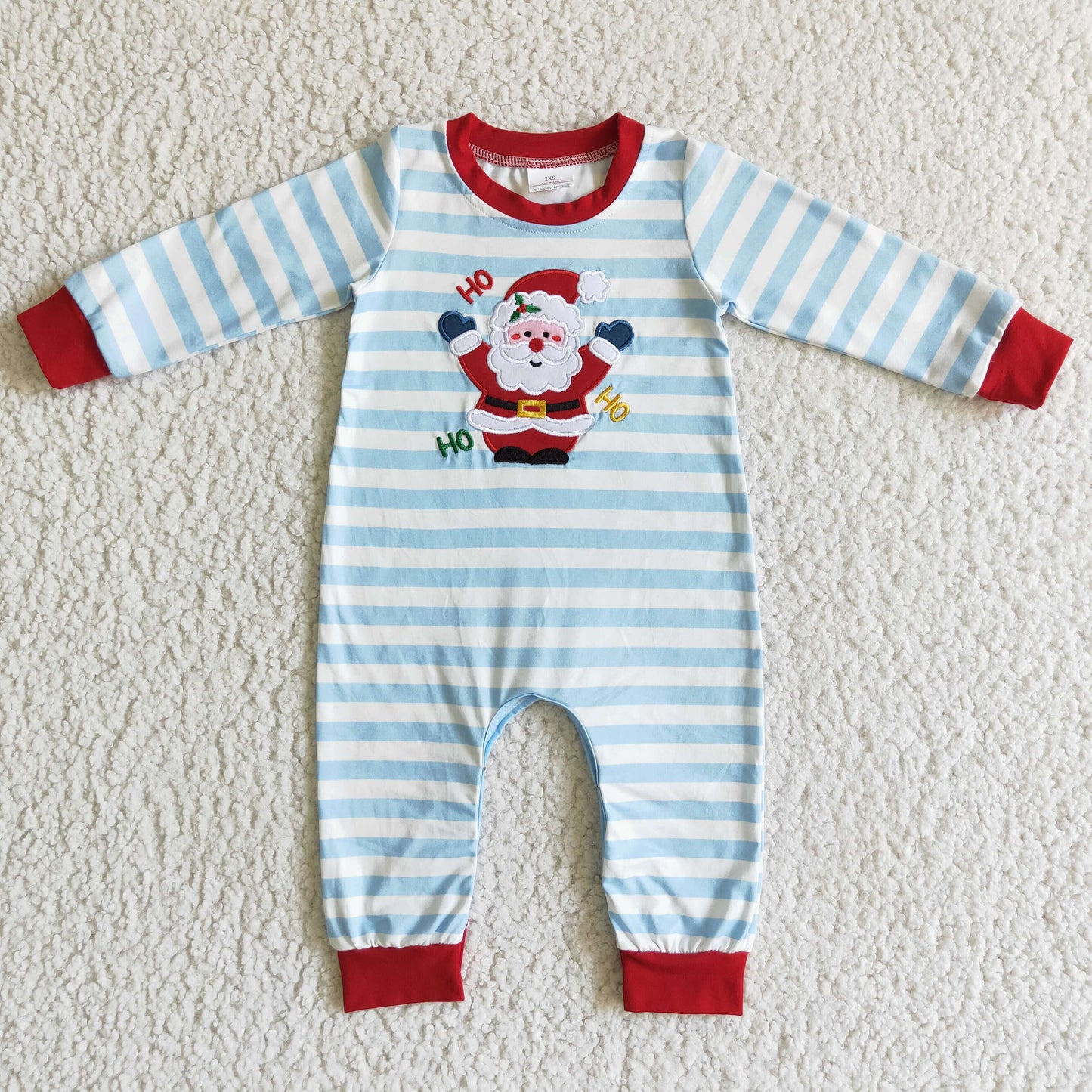 LR0121 Christmas Embroidery Santa Blue Striped Print Boys Romper