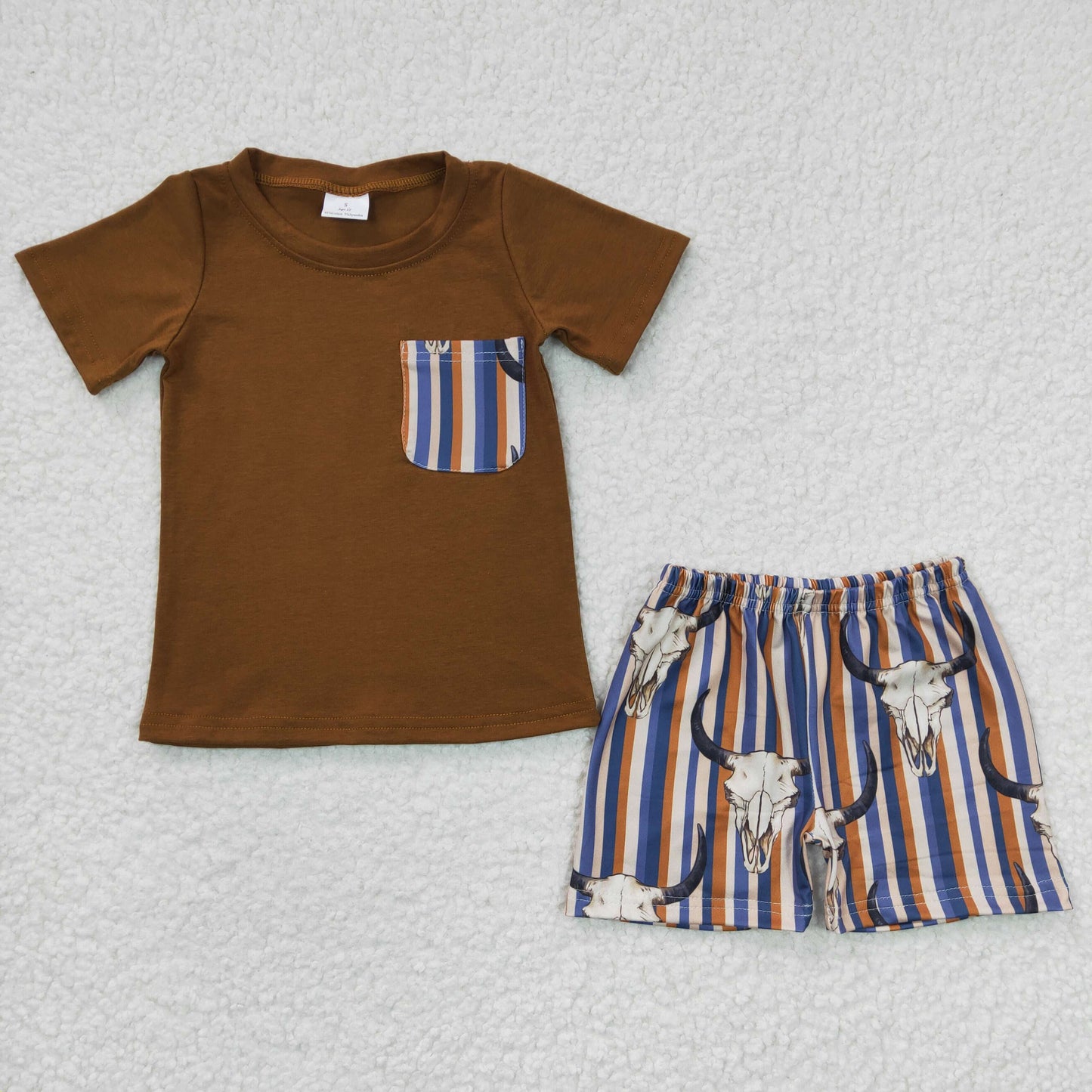 BSSO0149 Brown Short Sleeve Western Cow Skull Striped Pocket Boys Set