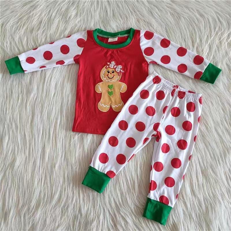 Embroidery Gingerbread Girls Cute Dots Print Sleeve Christmas Pajamas