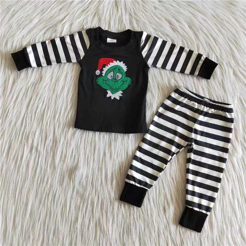 Embroidery Design Black Striped Print Christmas Cartoon Casual Pajamas