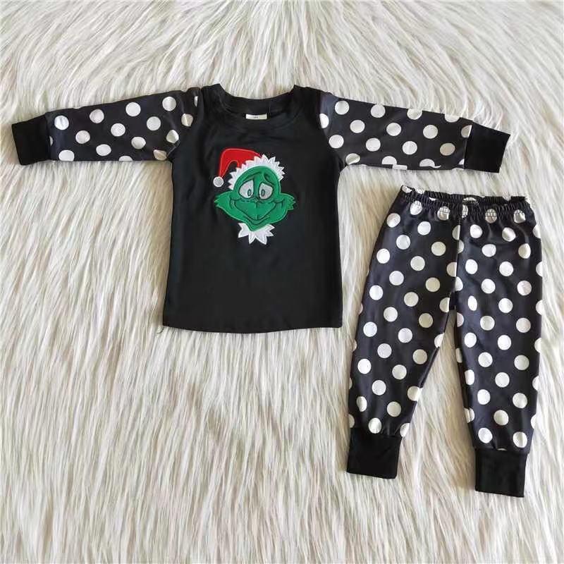 Embroidery Design Black Dots Print Christmas Cartoon Casual Pajamas