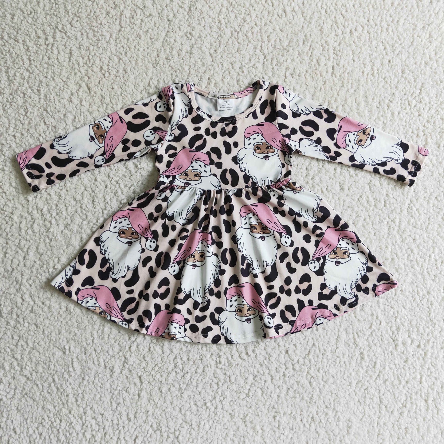 GLD0112 Pink Christmas Santa Leopard Long Sleeve Girls Dress