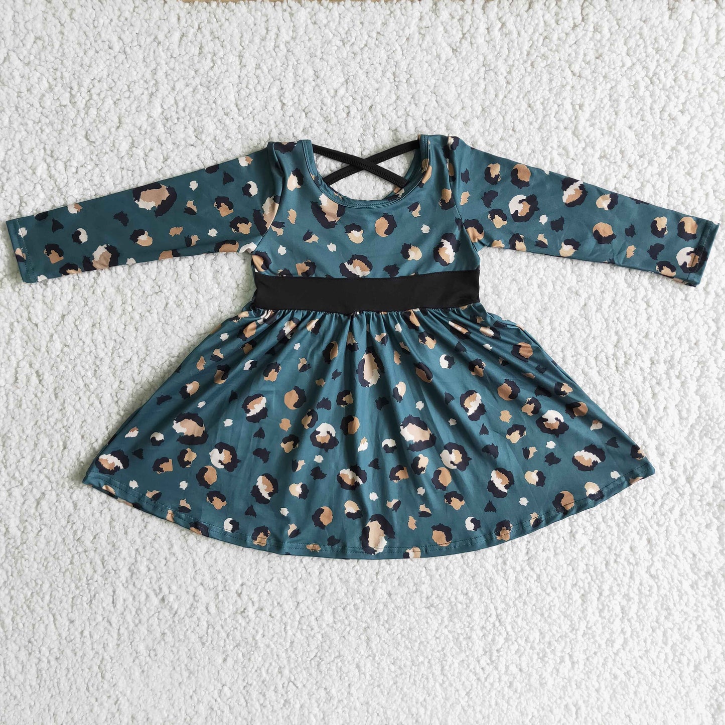 Green Leopard Print Long Sleeve Fall/ Winter Casual Girls Dress