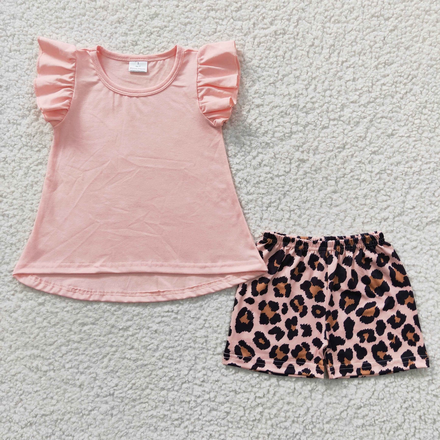 GSSO0246 Flutter Sleeve Pink Hi-low Cotton Tunic Top Match Leopard Print Shorts Girl Set