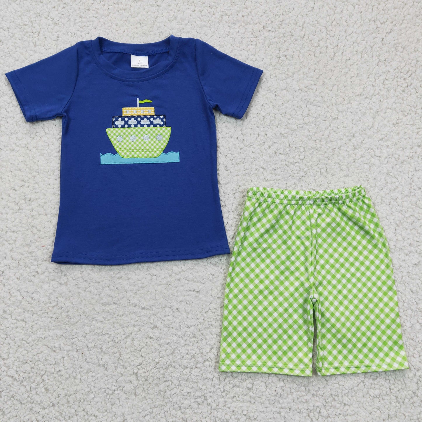 BSSO0097 Blue Cotton Ship Green Shorts Boys Set