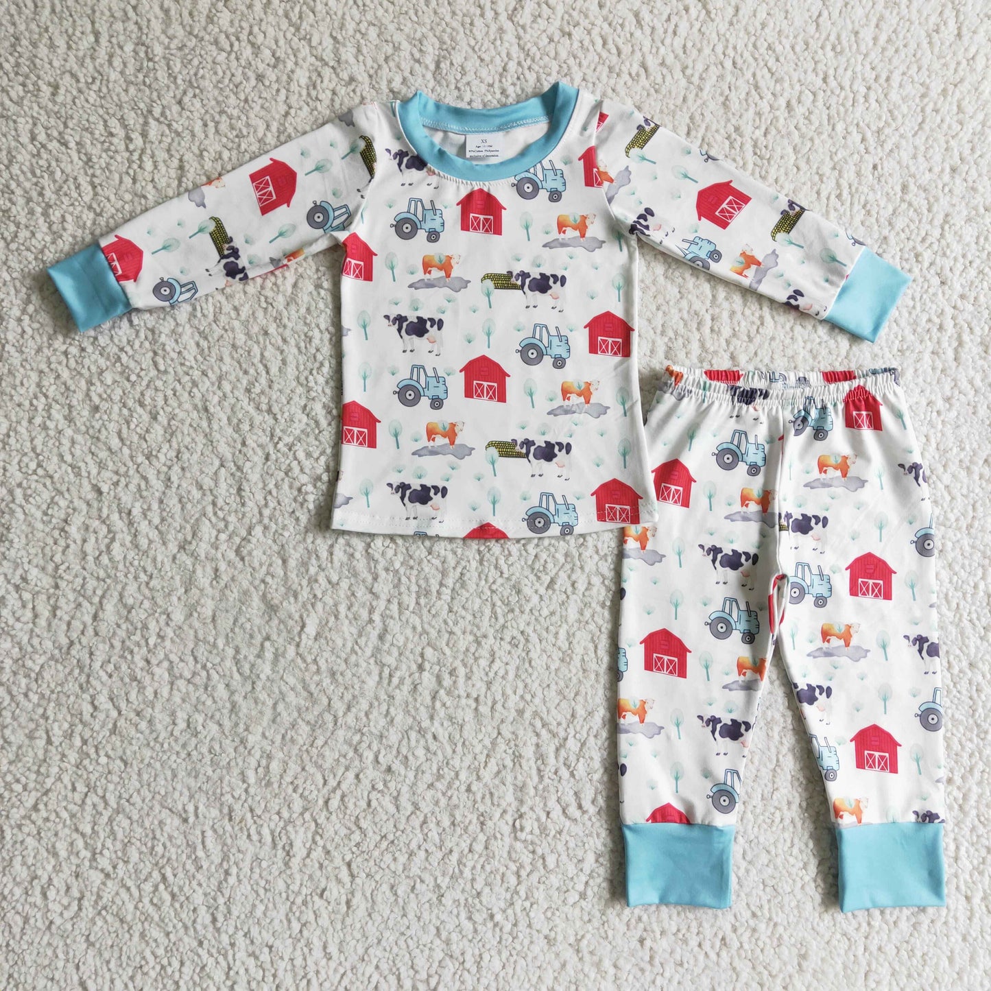 BLP0103 Farm Tractor Cow House Blue Long Sleeve Pants Boys Pajamas