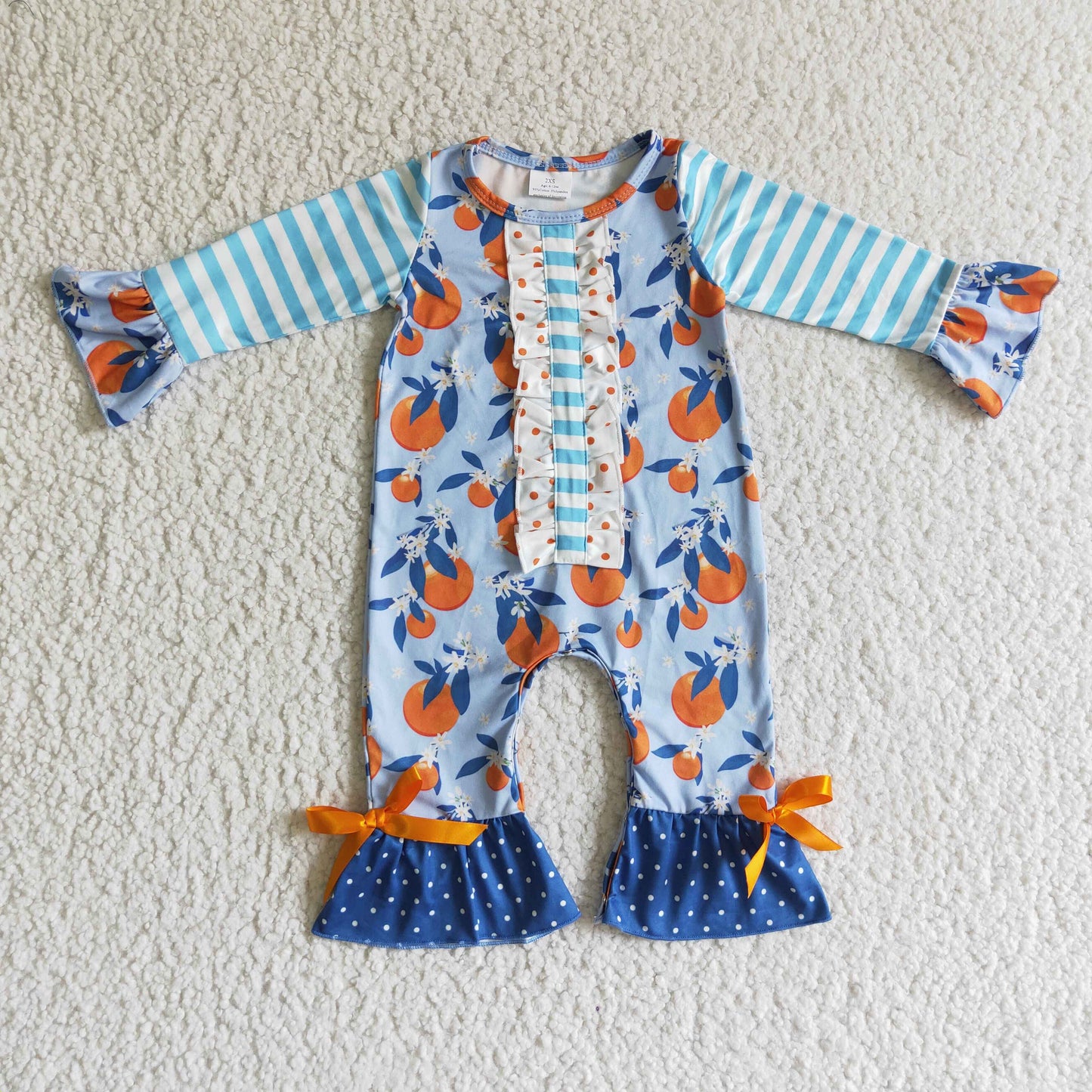 LR0172 Fall Blue Striped Print Orange Romper