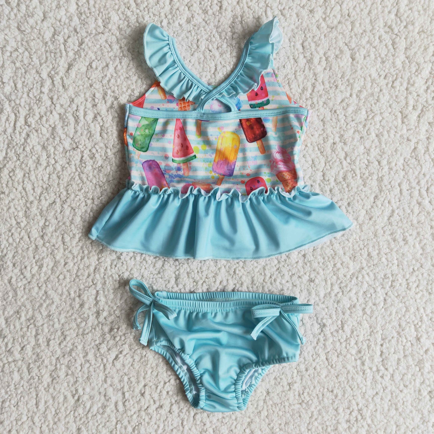 Summer Ice Print Blue Striped Bathing Suits Swimsuits
