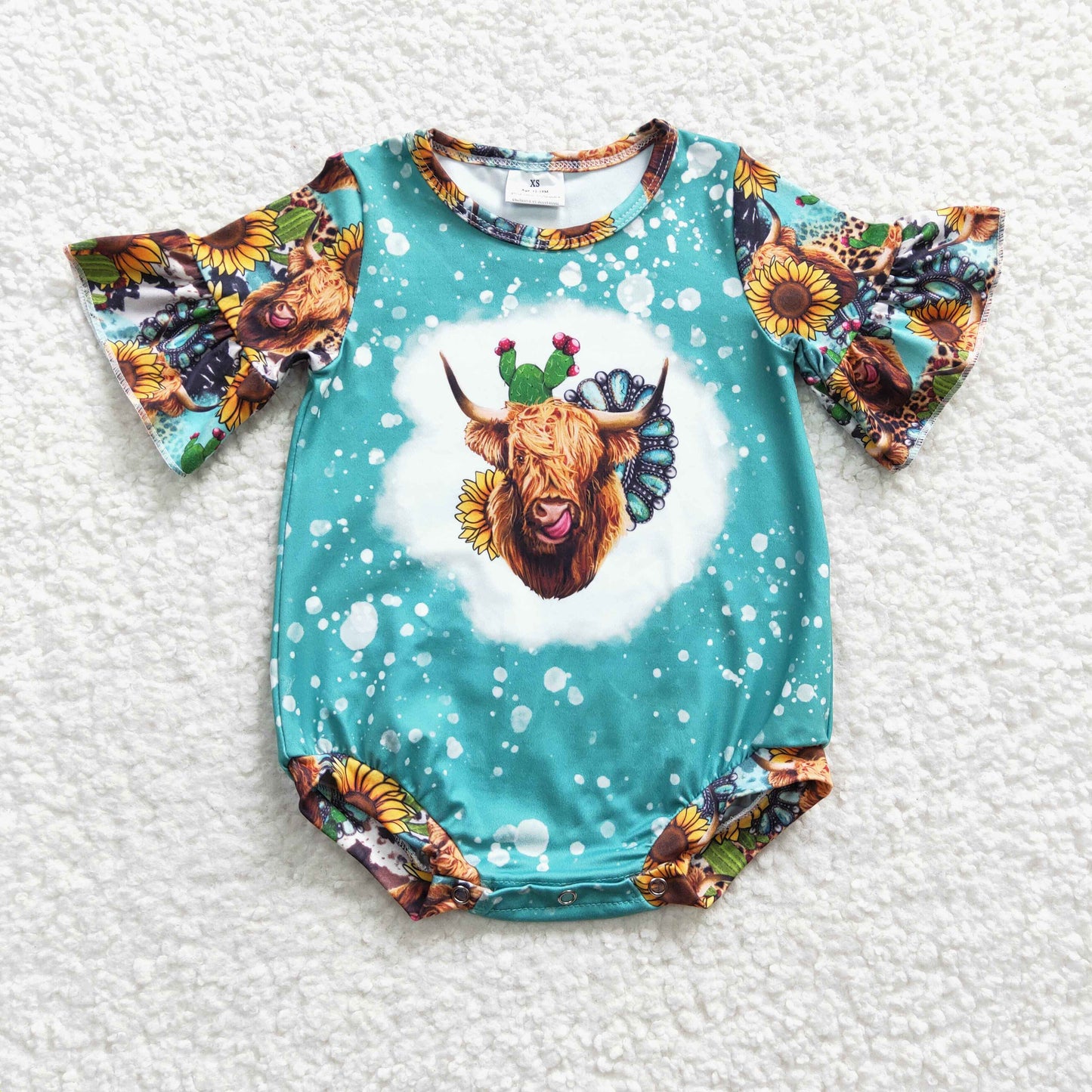 SR0126 Aztec Sunflower Heifer Short Sleeve Highland Cow Kids Romper