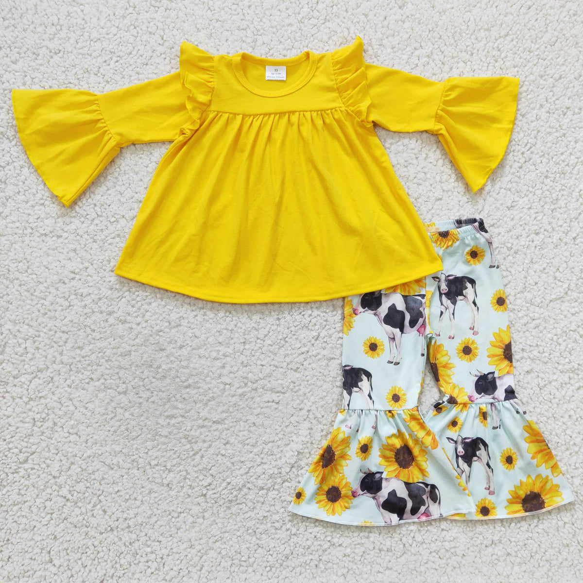 GLP0374 Yellow Dress Cotton Top Match Sunflower Bell Pants Girls Set