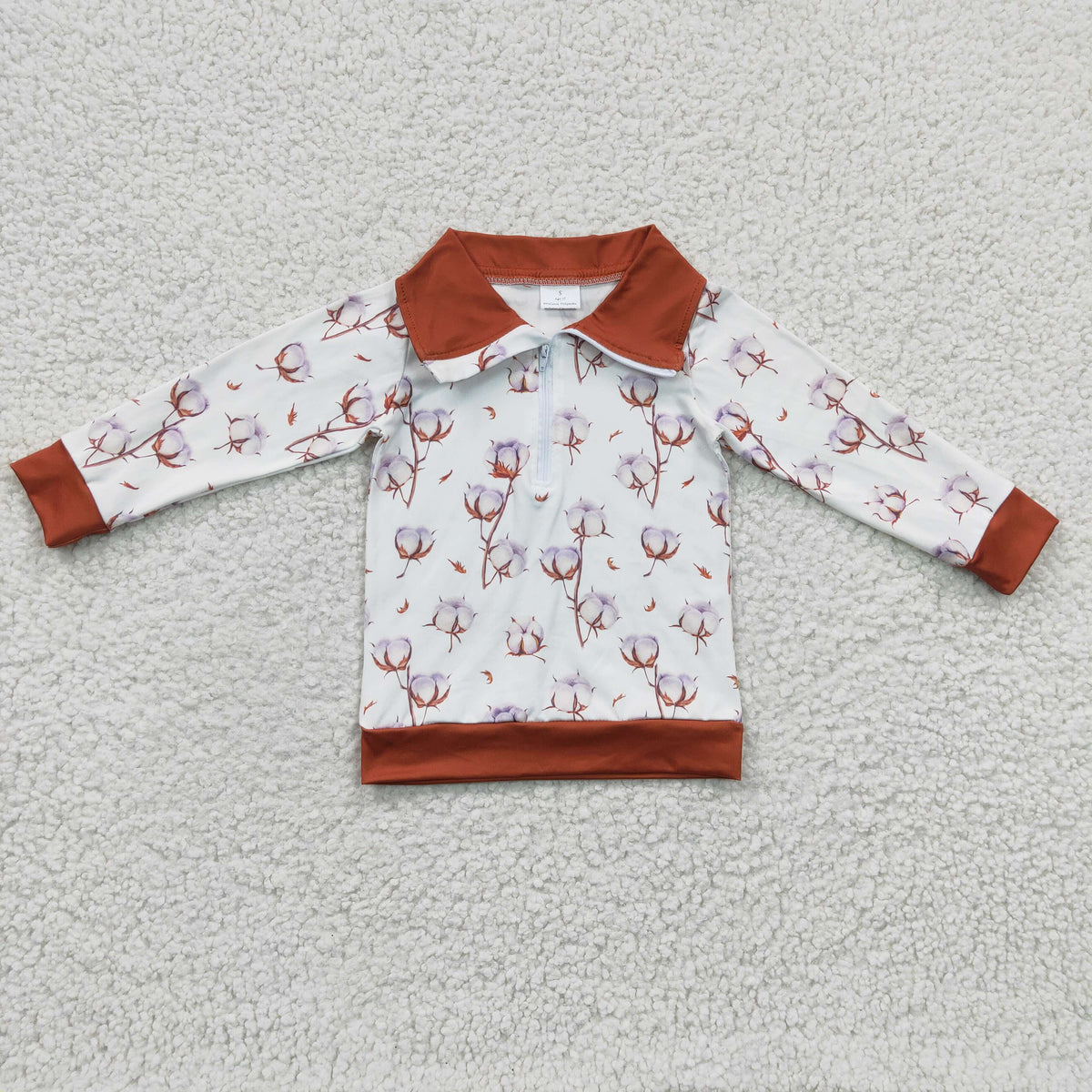 BT0096 Brown Cotton Print Zipper Boys Long Sleeve Pullover