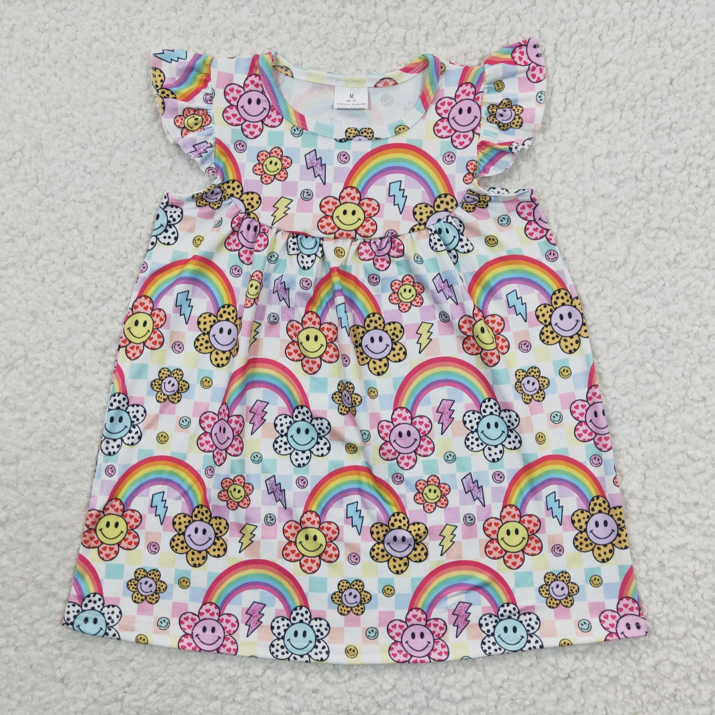 GSD0324 Rainbow Smile Colorful Flutter Sleeve Baby Girls Dress