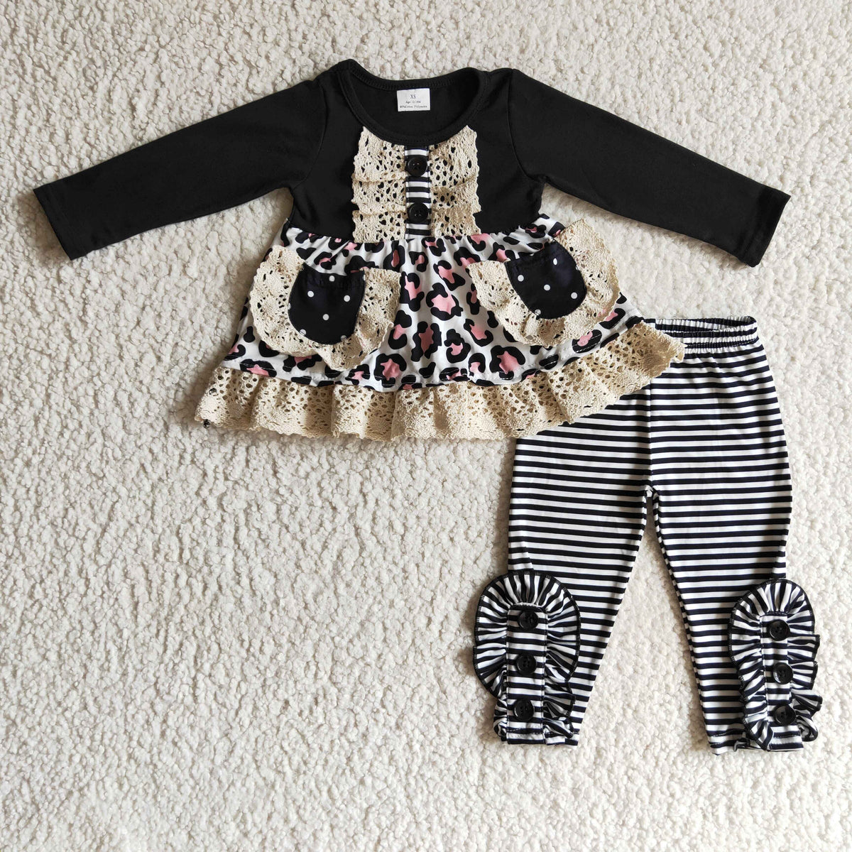 GLP0232 Lace Pockets Leopard Striped Print Girls Set