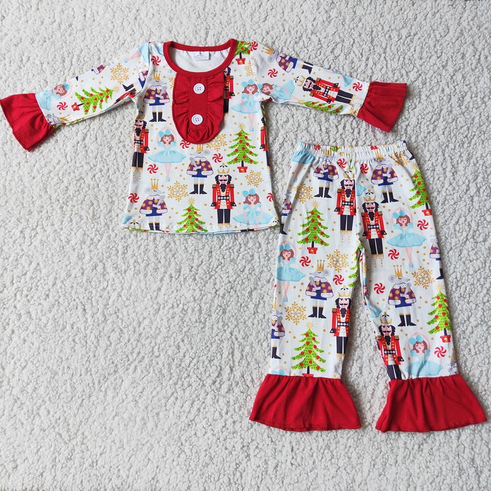 Christmas Ruffles Long Sleeve Girls Cartoon Tunic Pajamas