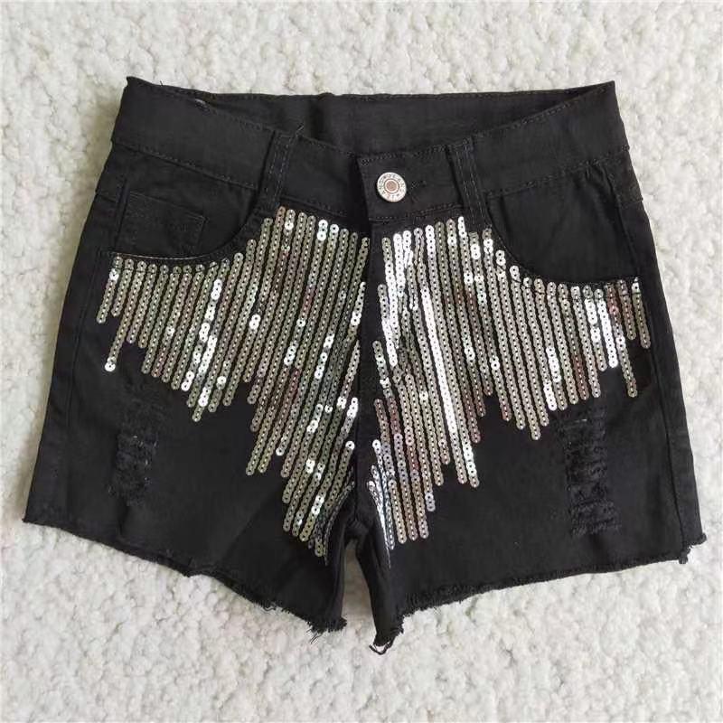 D8-4 Black Sequin Baby Girls Short Denim Jeans