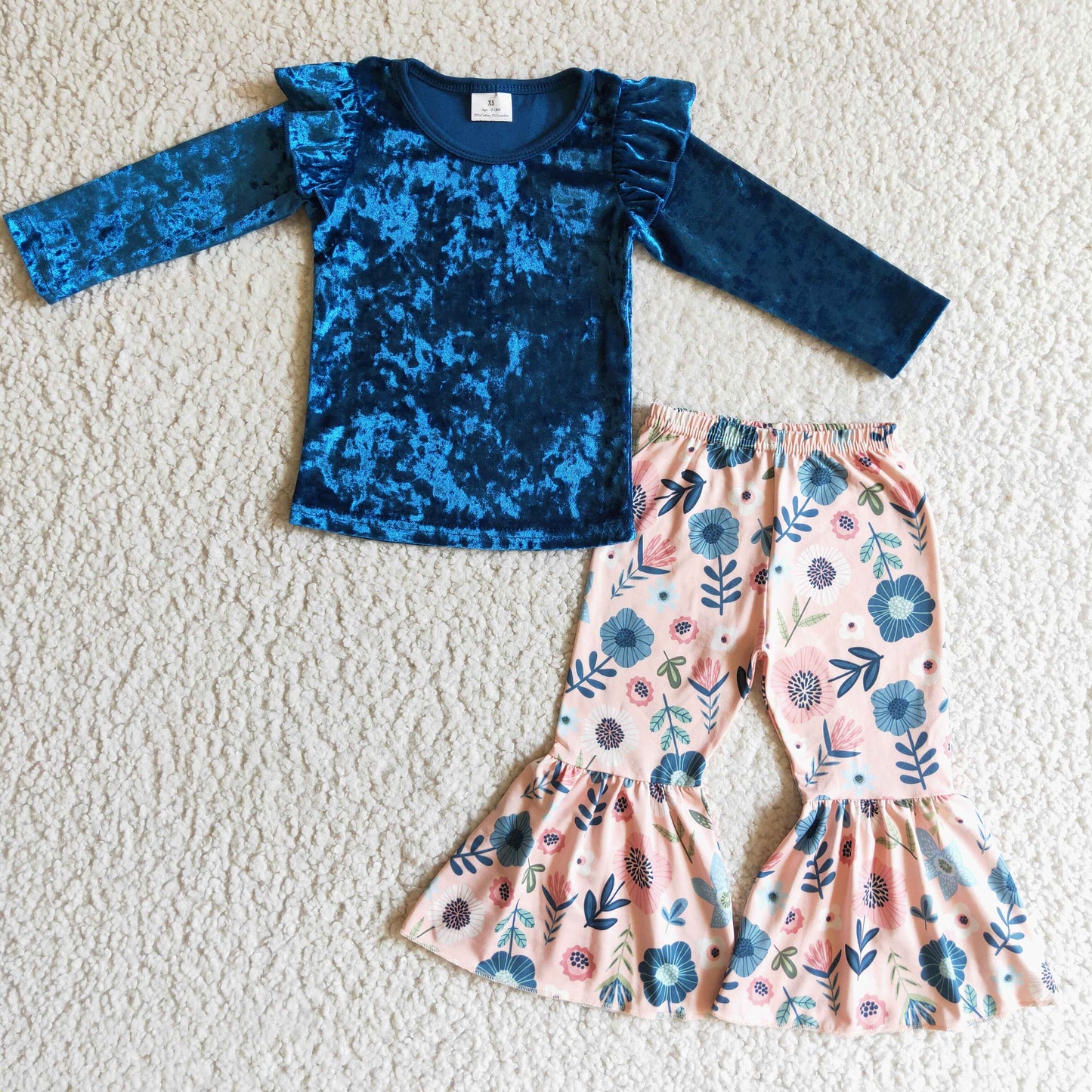 GLP0220 Blue Velvet Floral Pants Girls Set