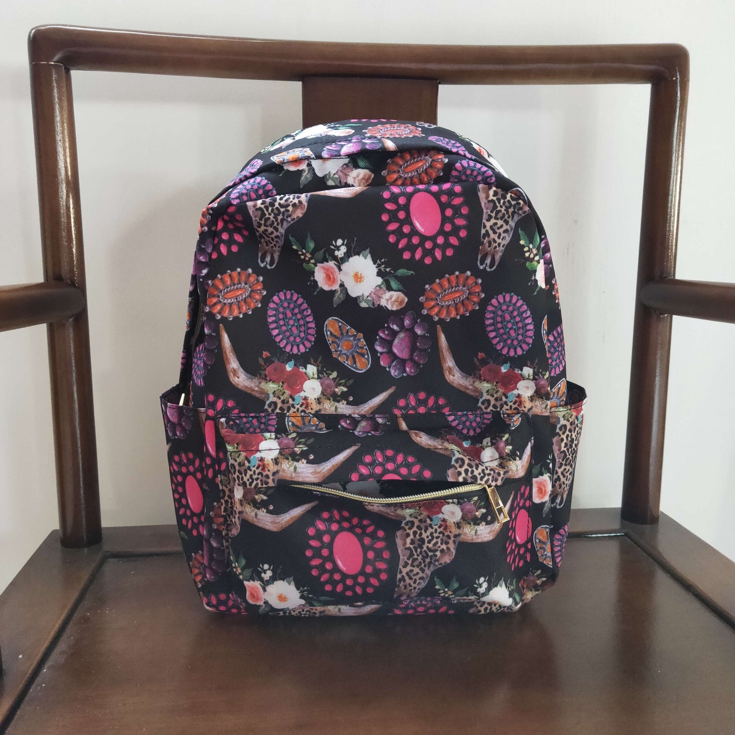 BA0042 Pink & Purple Aztec Cow Skull Western School Bag