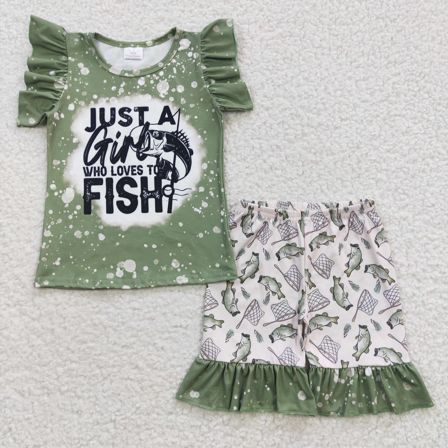 GSSO0295 Green Just A Girl Who Loves To Fish Flutter Sleeve Girls Set