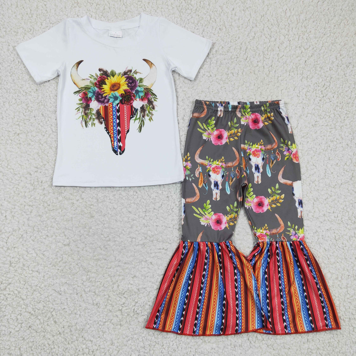 D3-15 Cow Skull Short Sleeve Flower Striped Print Bell Pants Girls Set