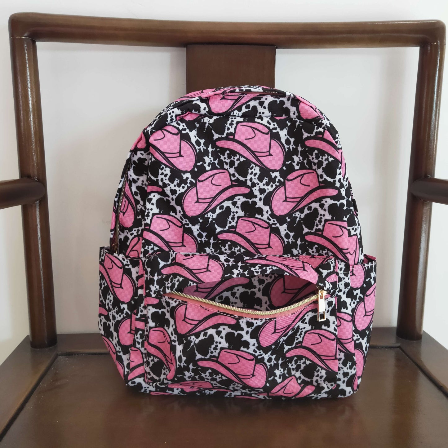 BA0038 Hot Pink Hat Cow Print Western School Bag