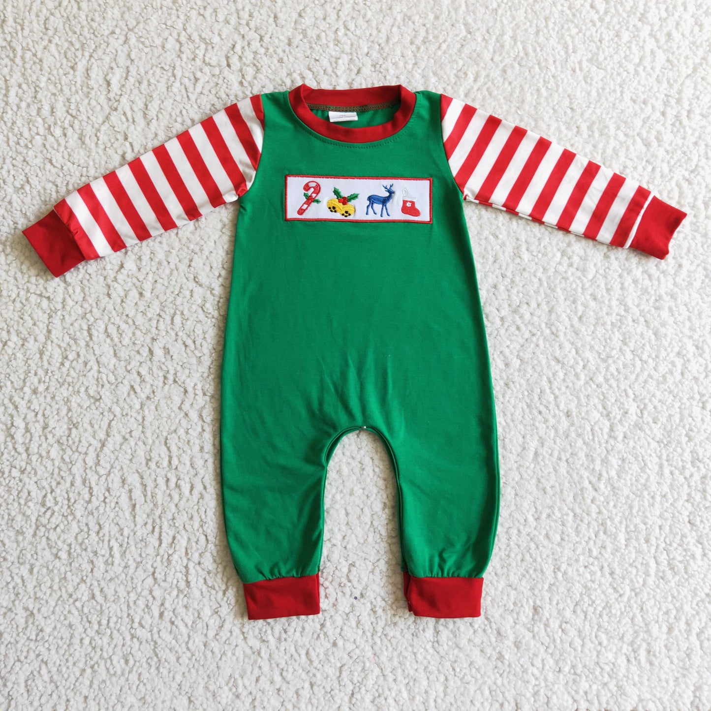 LR0110 Christmas Green Striped Print Deer Boys Romper