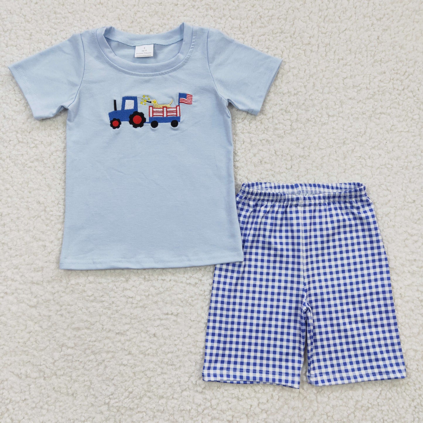 BSSO0195 Boys 4th Of July Blue Embroidery Dog Kids Summer Set