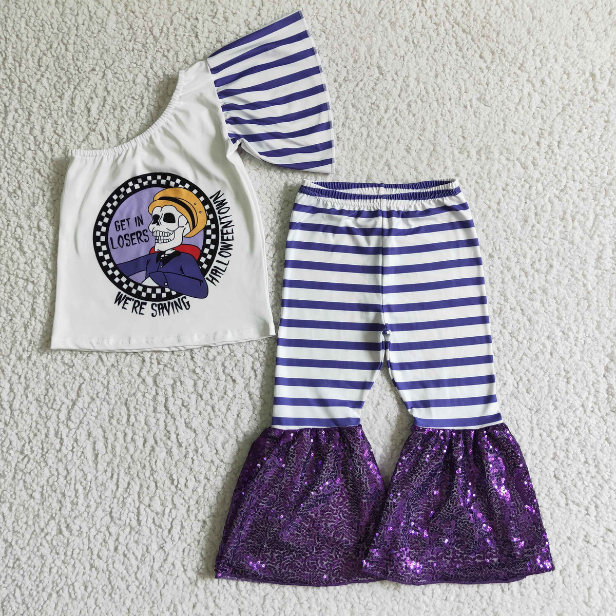 GSPO0178 Purple Halloween Striped Print Sequin Girls Set