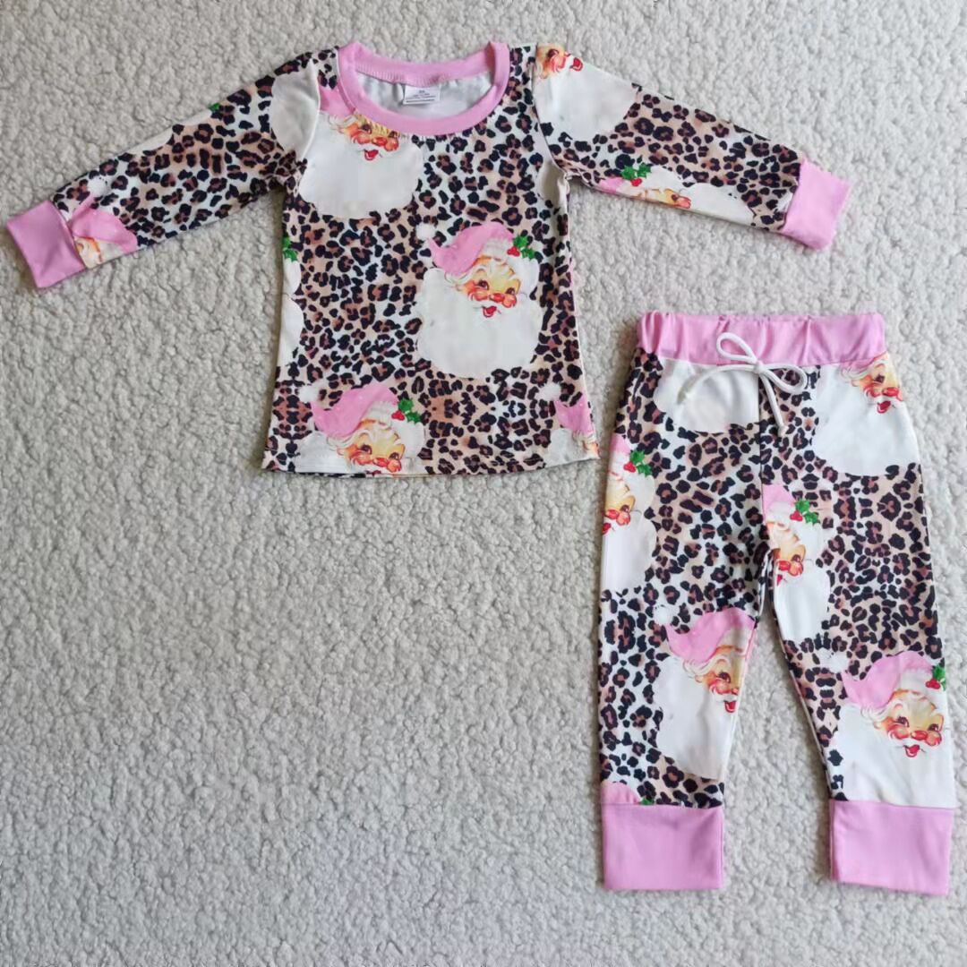 6 A4-26 Christmas Santa Pink Leopard Print Pajamas