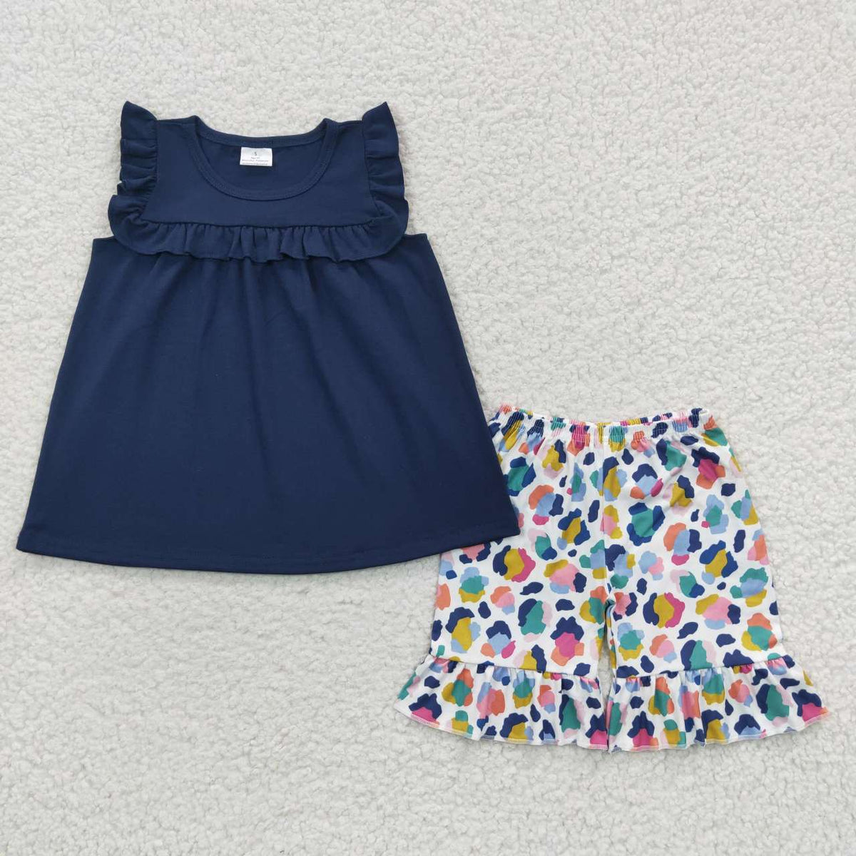 GSSO0298 Navy Cotton Sleeveless Colorful Leopard Print Shorts Baby Girls Set