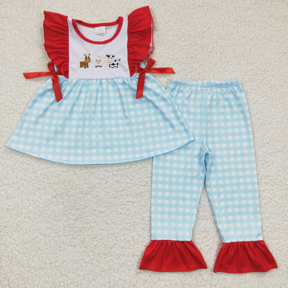GSPO0381 Farm Cow Flutter Sleeve Blue Embroidery Baby Girls Outfits Set