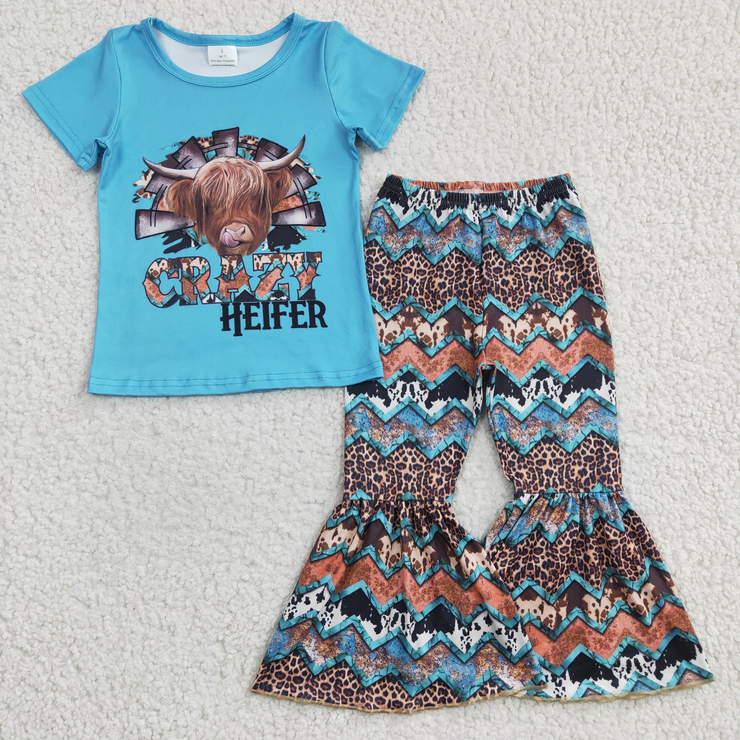 GSPO0372 Blue Crazy Heifer Short Sleeve Aztec Pants Baby Girls Outfits