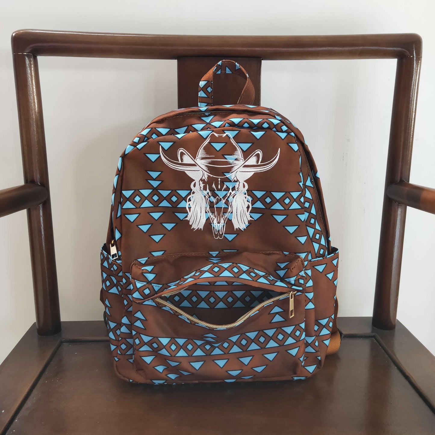 USA SHOP BA0048 Brown Cow Skull Aztec Western School Bag