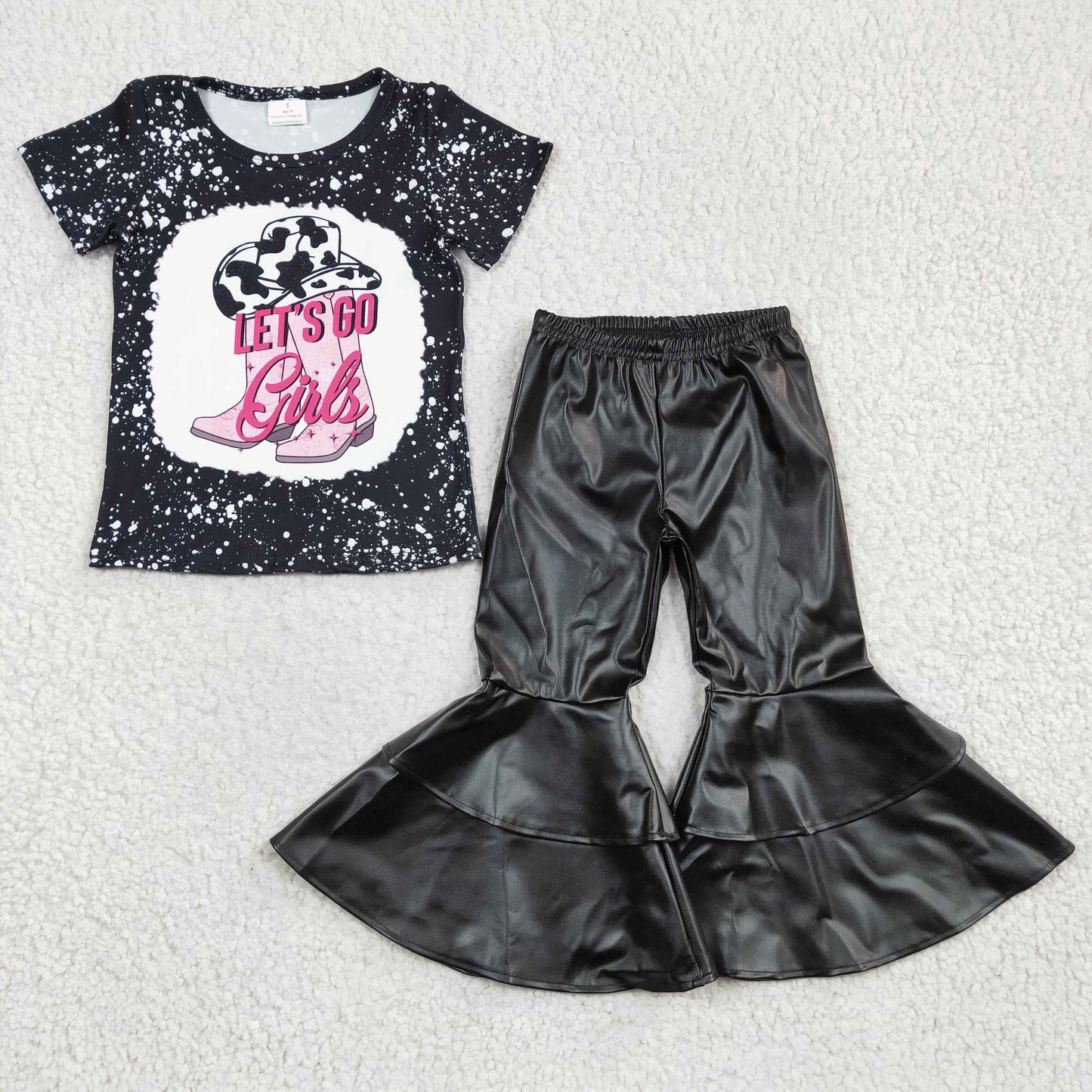 GSPO0498 Let's Go Girl Bleach Design Black Leather Pants Kids Outfits
