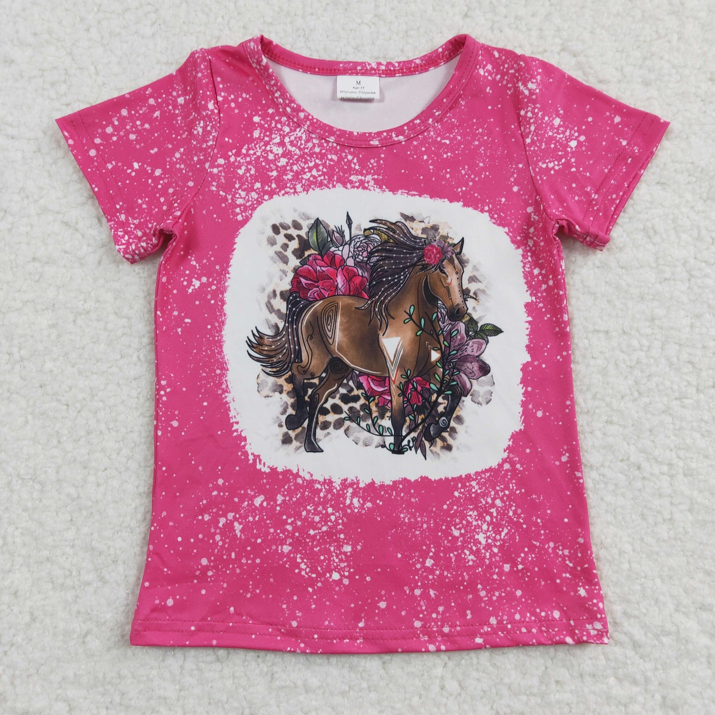 GT01222 Hot Pink Horse Floral Short Sleeve Shirts Top