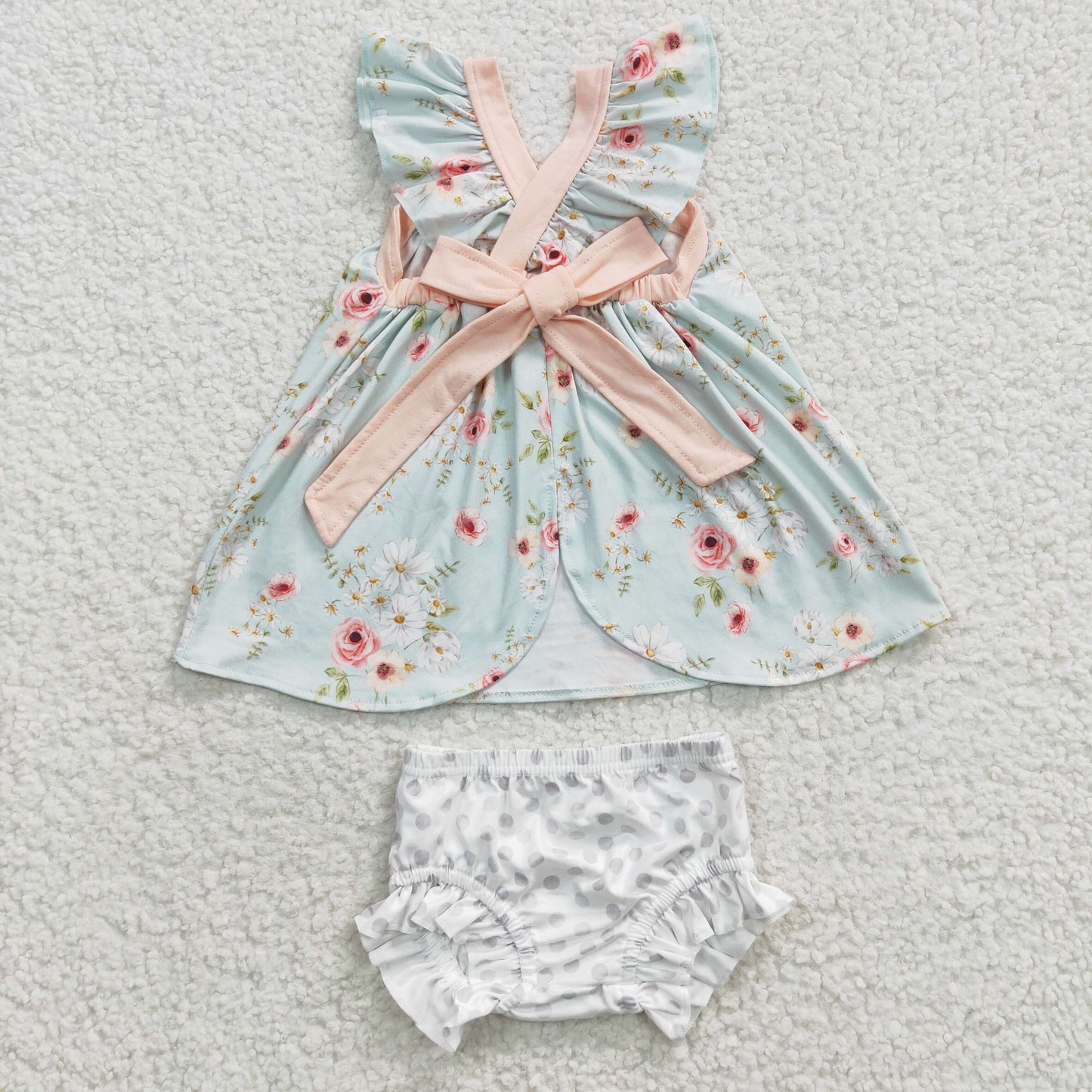 GBO0115 Flutter Sleeve Blue Floral Print White Dots Bummies Set