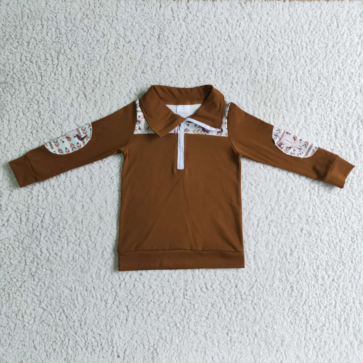 BT0087 Western Aztec Cow Skull Brown Boys Zipper Pullover