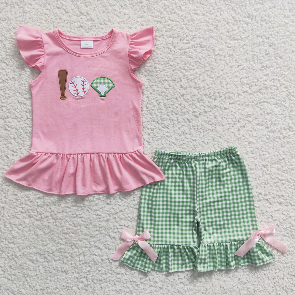 GSSO0205 Pink Flutter Sleeve Embroidery Baseball Green Girls Set